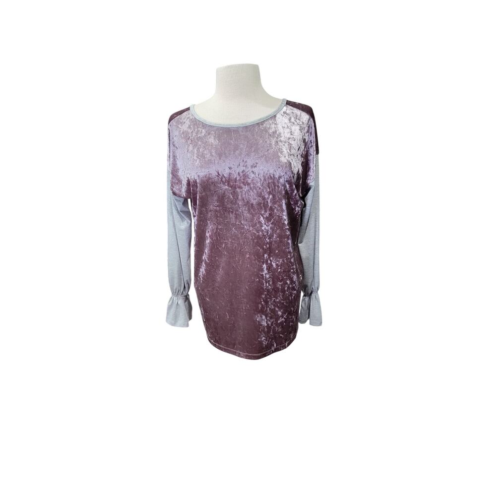 Lysse Colorblock Velvet Knit Top | Size M | Light Purple & Gray